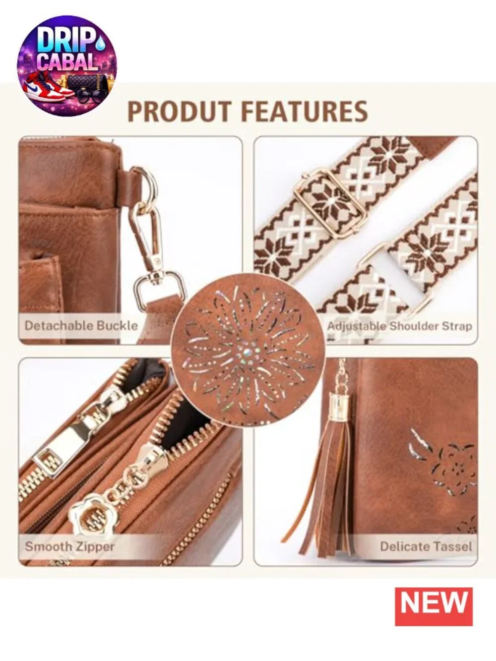 Women's Faux Leather Crossbody Bag with Sunflower Cut-Out, Wide Adjustable